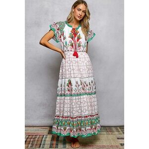Pol Hand Block Printed Cotton Tiered Midi Dress Flutter Sleeve Floral SMALL